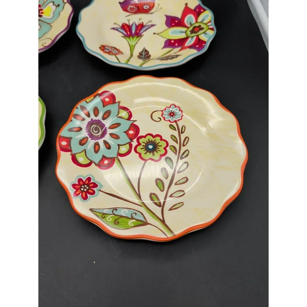 Cracker Barrel Floral Stitch Work Salad Plates Set Of 4 Scalloped Lori Siebert